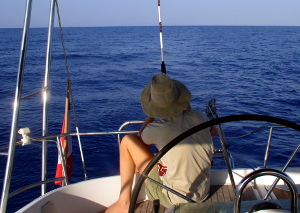 Elena Vaytsel aboard Boadicea fishing for tuna in the Mediterranean photo elenameg.com