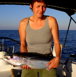 Elena Vaytsel with a tuna she caught in the Mediterranean photo elenameg.com