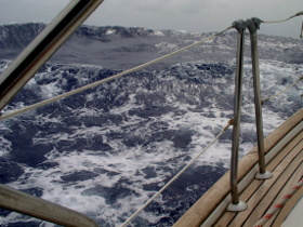 Swells and windwaves combine to make steep seas in a tropical storm. Photo Elena and Meg photo elenameg.com