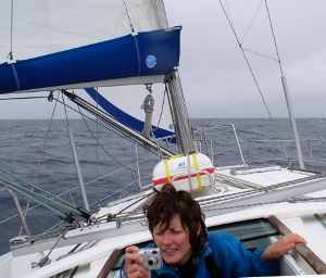 Elena Vaytsel on Boadicea in the North Pacific taking a photograph of Meg Aitken photo elenameg.com