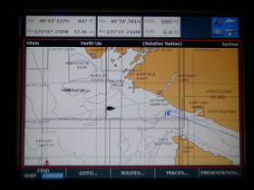Chart plotter showing the position of Boadicea entering the Strait of Juan de Fuca photo elenameg.com